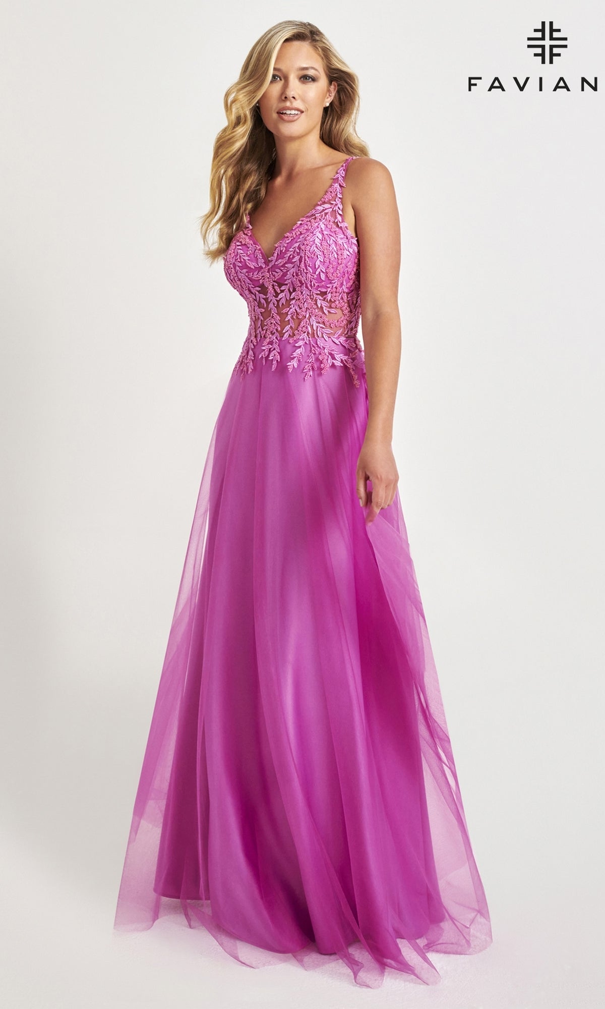 A woman poses in the Faviana Sheer-Bodice Long Tulle Prom Dress 11055—a magenta, sleeveless gown with a fitted embellished bodice and flowing floor-length skirt. The Faviana logo appears in the corner against a plain background.
